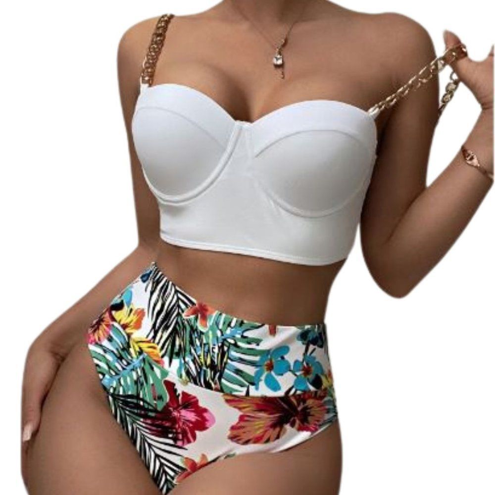 White Tropical Push UP Bikini Swimsuit with Chain Straps size Large